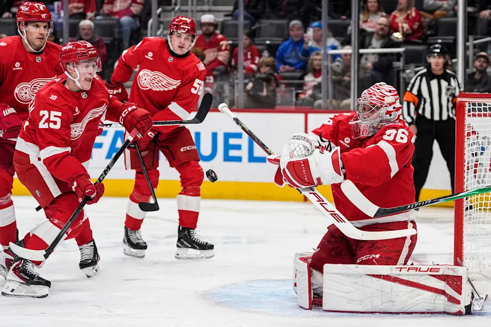 Detroit Red Wings goaltender John Gibson (36) makes a save against against Dallas Stars during the second period at Little Caesars Arena in Detroit on Tuesday, Dec. 23, 2025.