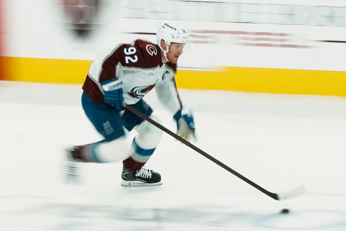 Colorado Avalanche left wing Gabriel Landeskog (92) takes the puck down the ice during first period of NHL game against Vegas Golden Knights on Saturday Dec. 27, 2025 at T-Mobile Arena in Las Vegas.