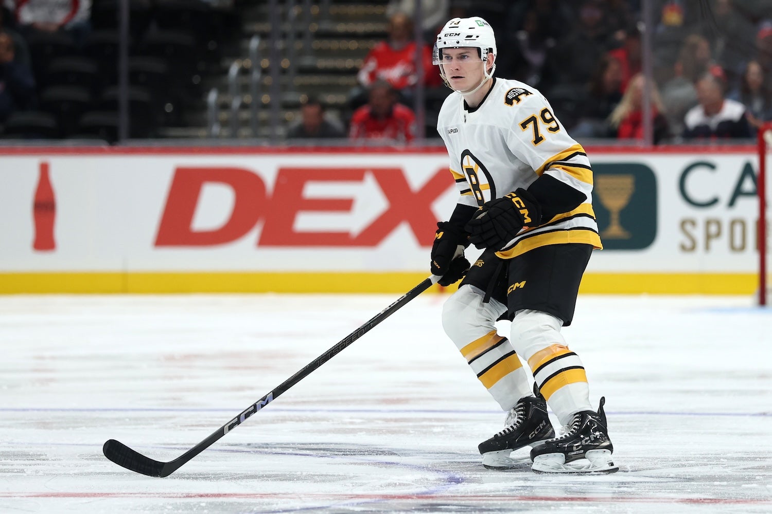 WASHINGTON, DC - OCTOBER 02: Michael Callahan #79 of the Boston Bruins skates against the Washington Capitals in the third period during a preseason game at Capital One Arena on October 2, 2025 in Washington, DC. (Photo by Patrick Smith/Getty Images)