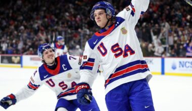Boston Bruins prospect James Hagens scores twice in U.S. win