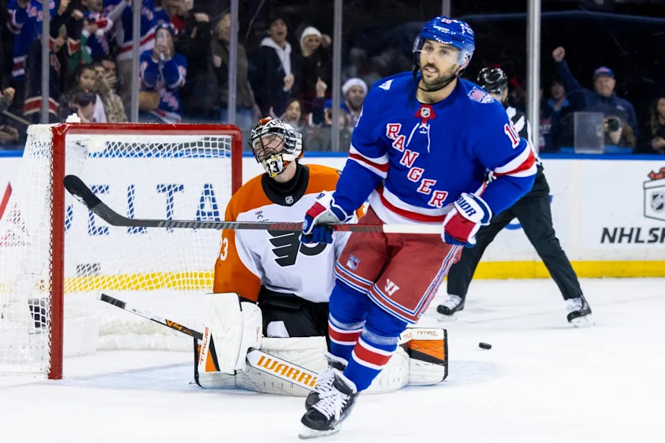 Philadelphia Flyers goaltender Samuel Ersson (33) reacts after New York Rangers center Vincent Trocheck (16) scores a goal in a shootout at Madison Square Garden, Saturday, Dec. 20, 2025, in New York, NY. Corey Sipkin for the NY POST