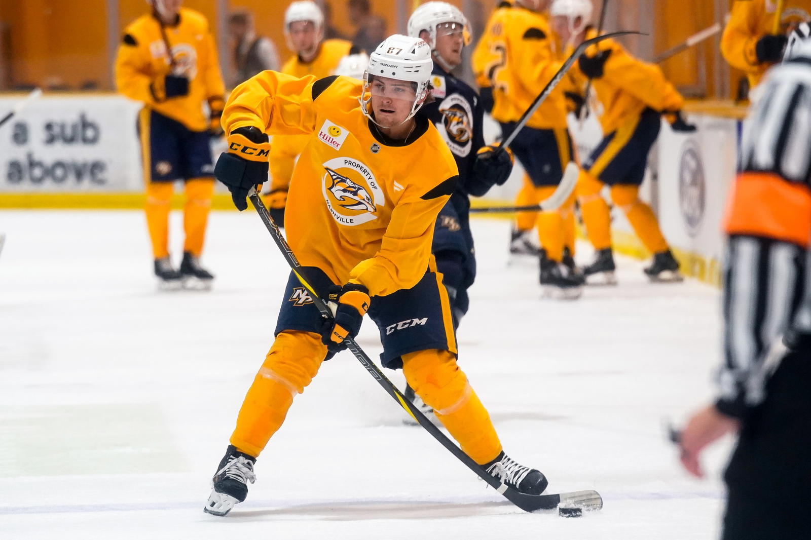 Gold team forward Teddy Stiga (87) looks to shoot during the Future Stars Game at the Ford Ice Center Bellevue in Nashville, Tenn., Saturday, July 5, 2025. Andrew Nelles / The Tennessean / USA TODAY NETWORK via Imagn Images