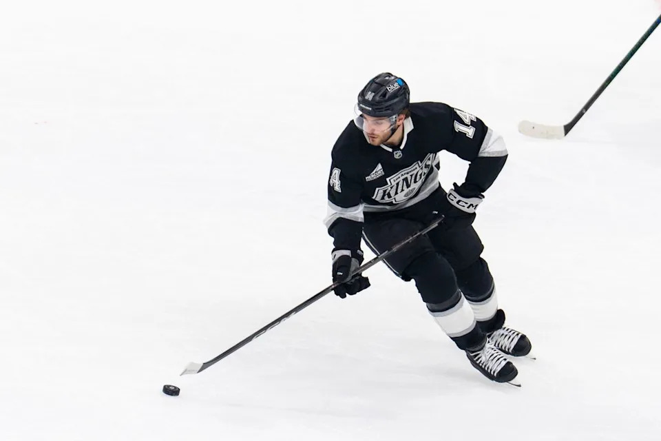 Los Angeles Kings RW Alex Laferriere (14) pushes the pace during an NHL game against the Columbus Blue Jackets, Monday December 22nd, 2025 in Los Angeles, California. 