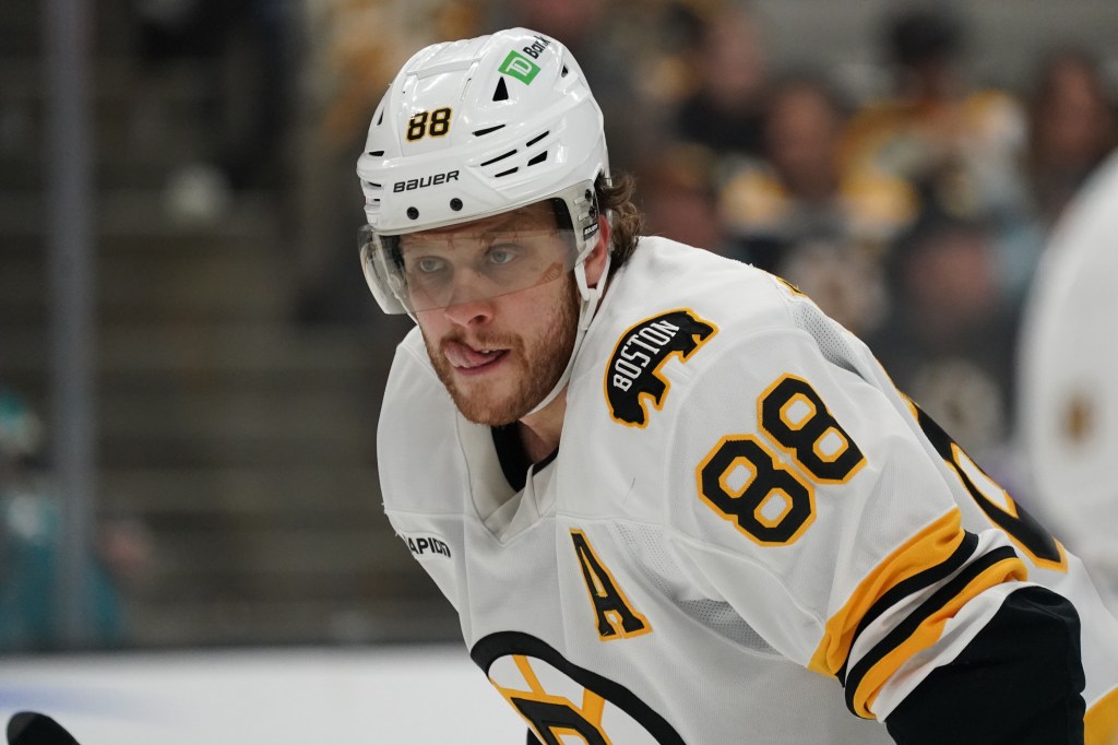 Bruins right winger David Pastrnak (88) waits for play to resume against the San Jose Sharks in the first period at SAP Center in San Jose.