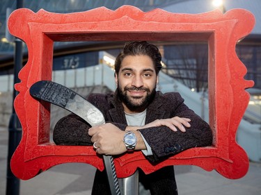Lali Toor, the Founder of Apna Hockey, poses for a photo outside Rogers Place in Edmonton