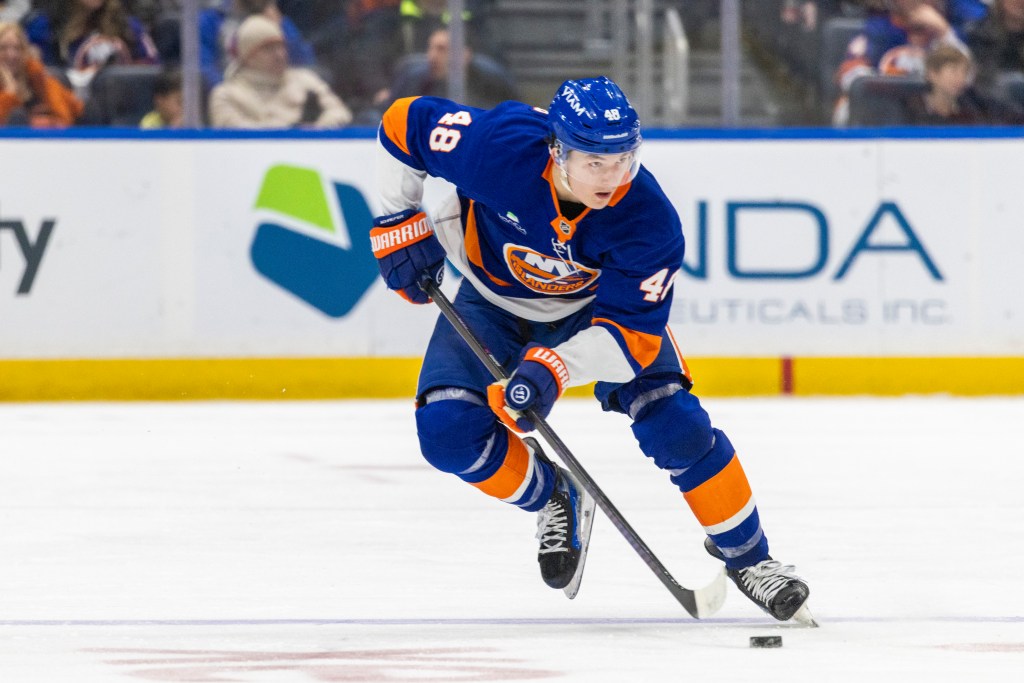 New York Islanders defenseman Matthew Schaefer (48) skates up ice during the third period against the Washington Capitals at UBS Arena, Sunday, Nov. 30, 2025, in Elmont, NY. 