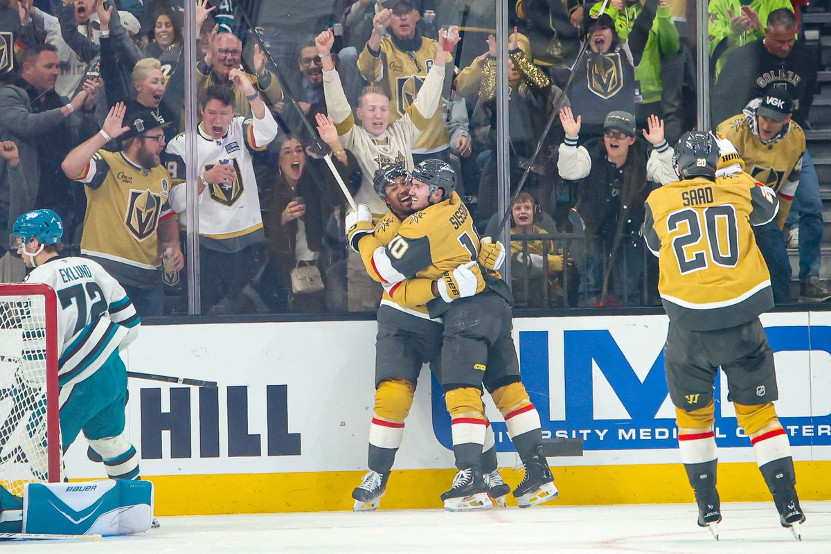 Vegas Golden Knights F Colton Sissons (10) celebrates after scoring a goal against the San Jose Sharks on Tuesday December 23, 2025, in Las Vegas, Nevada. 