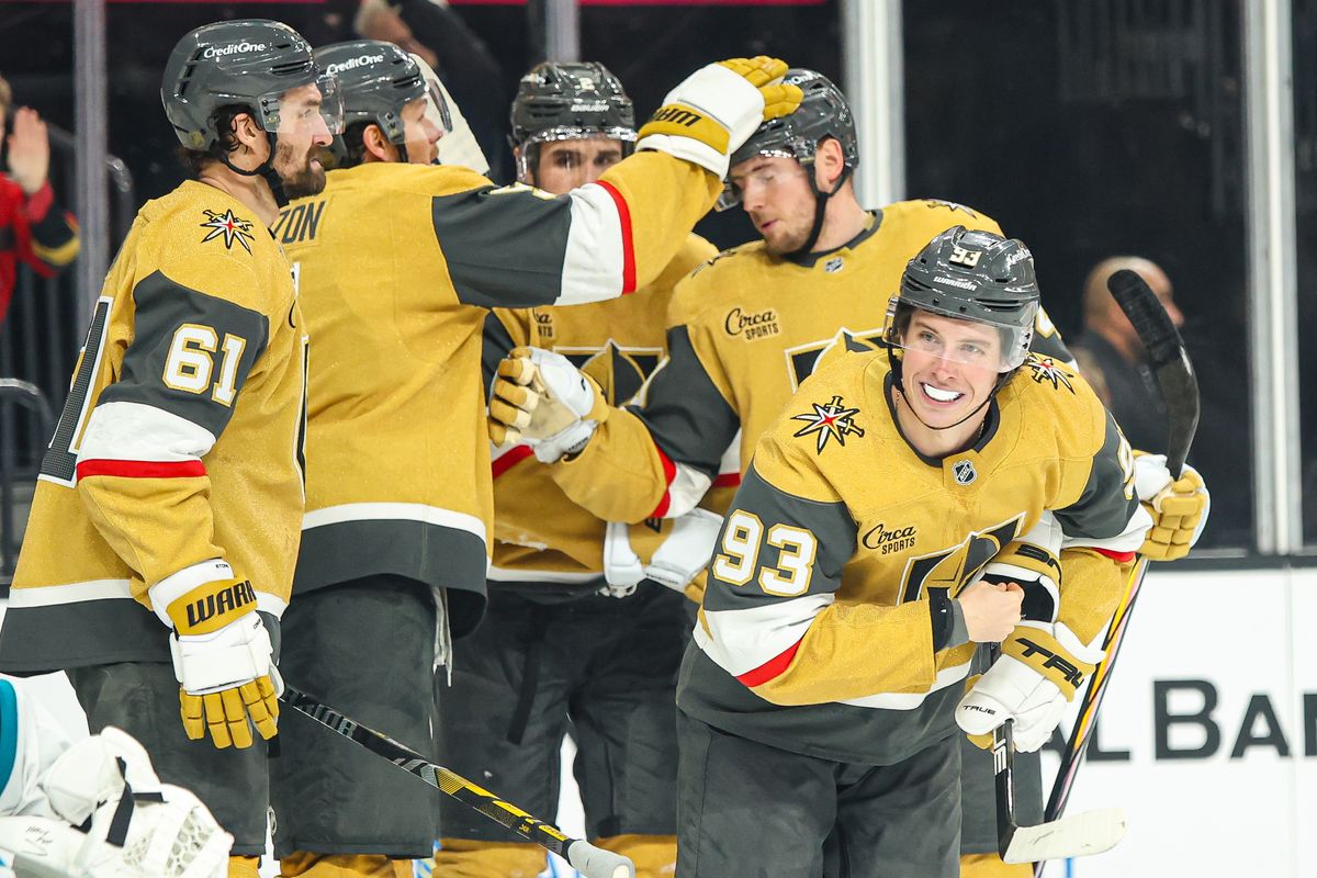 Vegas Golden Knights F Mitch Marner (93) smiles after scoring a goal against the San Jose Sharks on Tuesday December 23, 2025, in Las Vegas, Nevada. 
