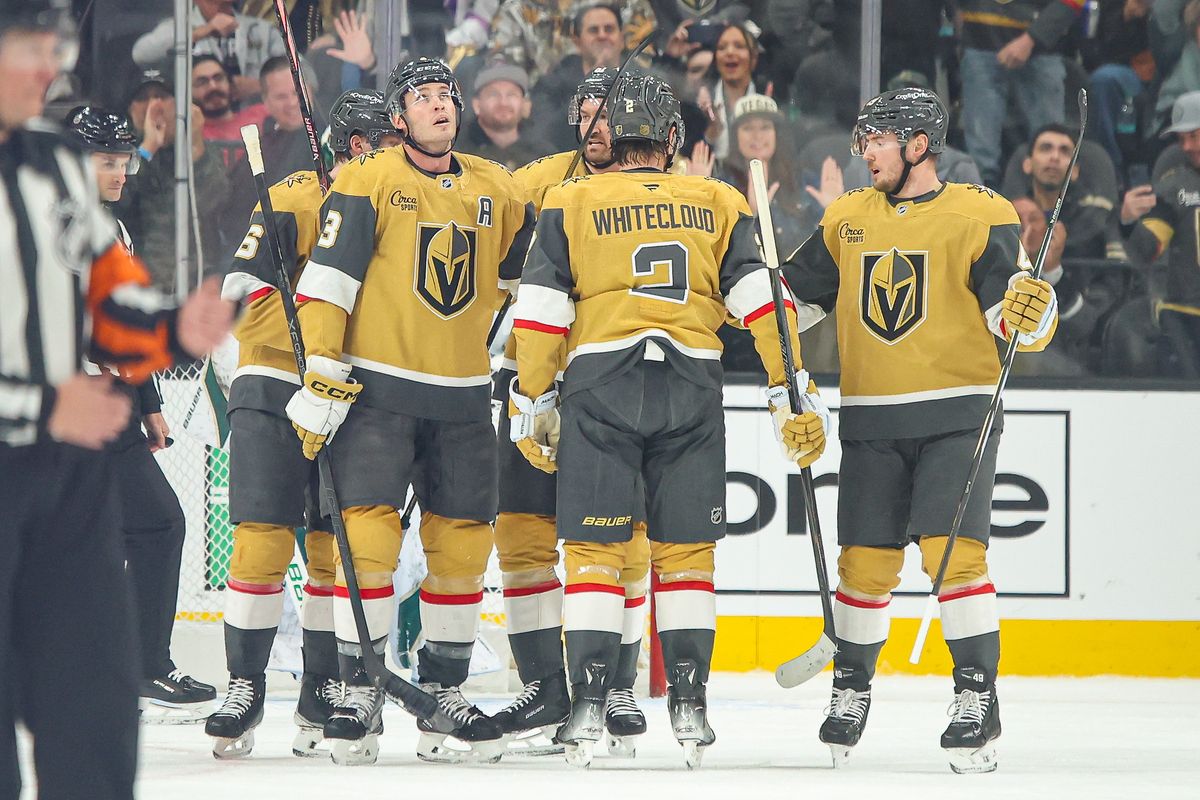 Vegas Golden Knights D Brayden McNabb (3) watches the jumbotron after scoring a goal against the Minnesota Wild on Monday December 29, 2025, in Las Vegas, Nevada. 