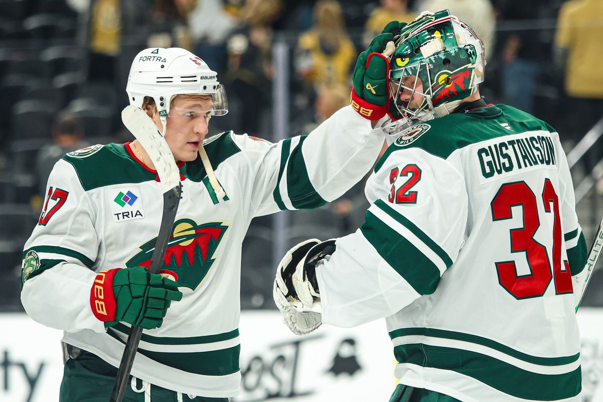  Minnesota Wild F Kirill Kaprizov (97) high fives his teammate G Filip Gustavsson (32) after defeating the Vegas Golden Knights on Monday December 29, 2025, in Las Vegas, Nevada. 