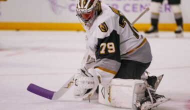 Goaltender Carter Hart warms up before the Silver Knights’ game against the Calgary Wran ...