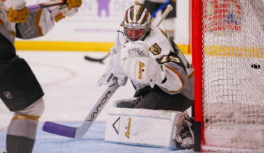 Goaltender Carter Hart warms up before the Silver Knights’ game against the Calgary Wran ...
