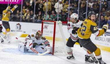 Golden Knights right wing Braeden Bowman (42) celebrates a goal shot past Chicago Blackhawks go ...