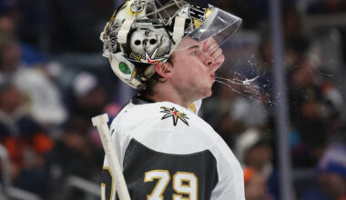 Vegas Golden Knights goaltender Carter Hart spits during the second period of an NHL hockey gam ...