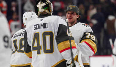 Vegas Golden Knights goaltender Akira Schmid (40) celebrates a victory with goaltender Carter H ...