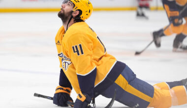 Nashville Predators defenseman Nicolas Hague (41) warms up before an NHL hockey game against th ...