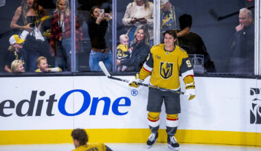 Golden Knights right wing Mitch Marner (93) with his wife Stephanie and their son Miles as he s ...