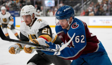 Colorado Avalanche left wing Artturi Lehkonen (62) skates against Vegas Golden Knights center B ...