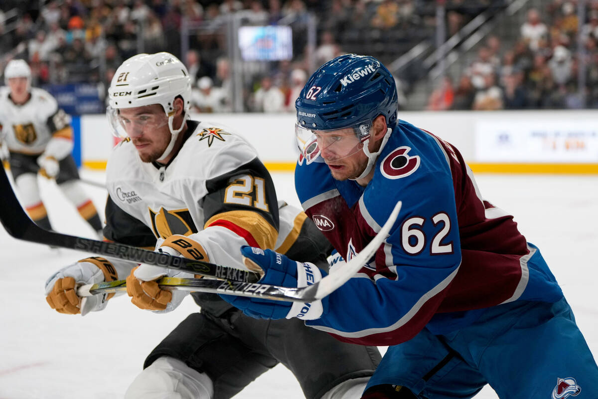 Colorado Avalanche left wing Artturi Lehkonen (62) skates against Vegas Golden Knights center B ...