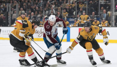 Colorado Avalanche center Nathan MacKinnon (29) skates with the puck against Vegas Golden Knigh ...