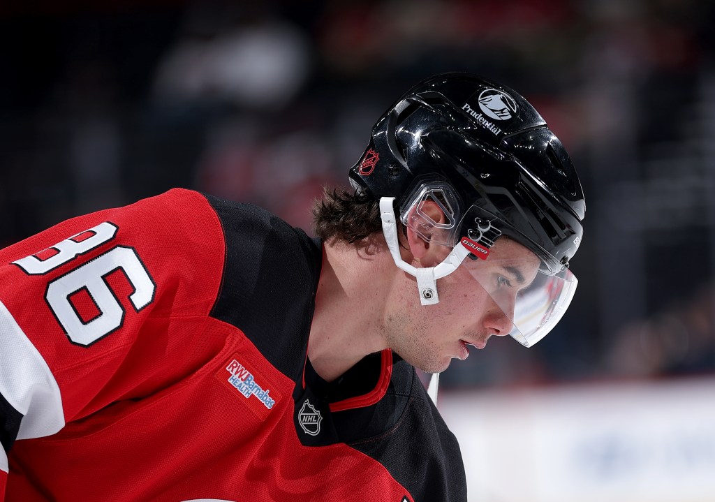 NEWARK, NEW JERSEY - NOVEMBER 10: Jack Hughes #86 of the New Jersey Devils warms up before the game against the New York Islanders at Prudential Center on November 10, 2025 in Newark, New Jersey. (Photo by Elsa/Getty Images)