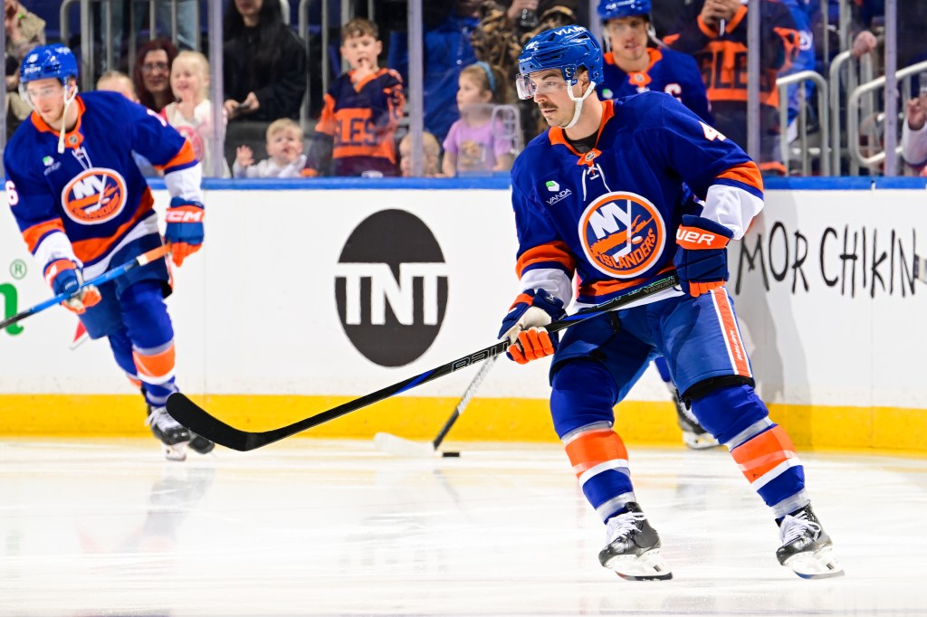 Jean-Gabriel Pageau #44 of the New York Islanders warms up prior to the game against the Vegas Golden Knights at UBS Arena on December 09, 2025 in Elmont, New York. 