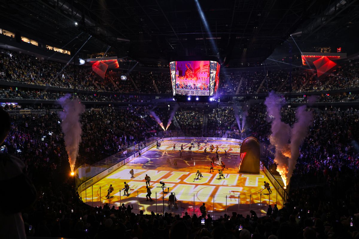 The Vegas Golden Knights skate onto the ice prior to an NHL game against the Montreal Canadiens on Friday November 28, 2025, in Las Vegas, Nevada. 
