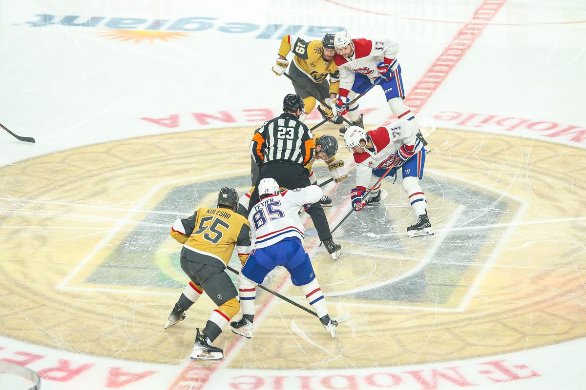 Vegas Golden Knights F Colton Sissons (10) takes the opening faceoff against Montreal Canadiens F Jake Evans (71) on Friday November 28, 2025, in Las Vegas, Nevada. 