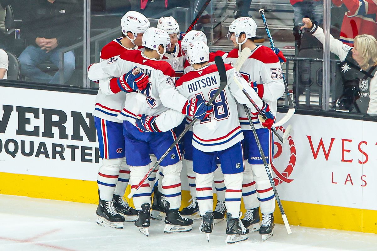 Montreal Canadiens F Zachary Bolduc (76) celebrates with his teammates after scoring a goal against the Vegas Golden Knights on Friday November 28, 2025, in Las Vegas, Nevada. 