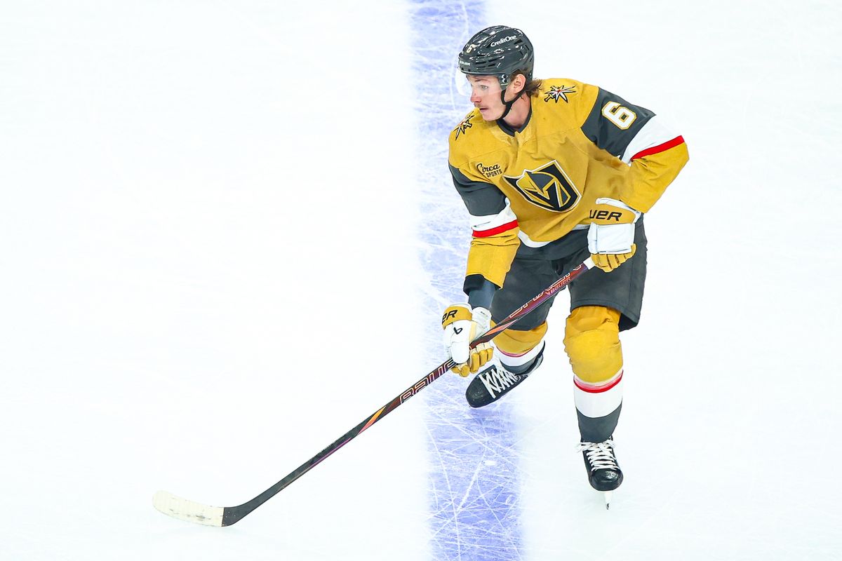 Vegas Golden Knights D Kaedan Korczak (6) skates with the puck during an NHL game against the Montreal Canadiens on Friday November 28, 2025, in Las Vegas, Nevada. 