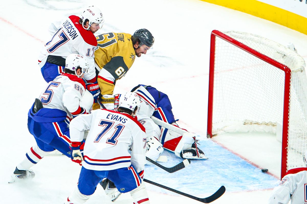 Vegas Golden Knights F Mark Stone (61) scores a goal against Montreal Canadiens G Samuel Montembeault (35) during an NHL game on Friday November 28, 2025, in Las Vegas, Nevada. 