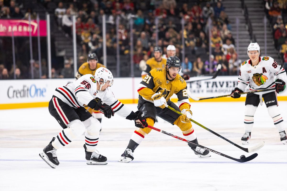 Vegas Golden Knights center Brett Howden (21) goes after the puck during a NHL game between the Vegas Golden Knights and the Chicago Blackhawks, Tuesday December 2, 2025 in Las Vegas, Nev.