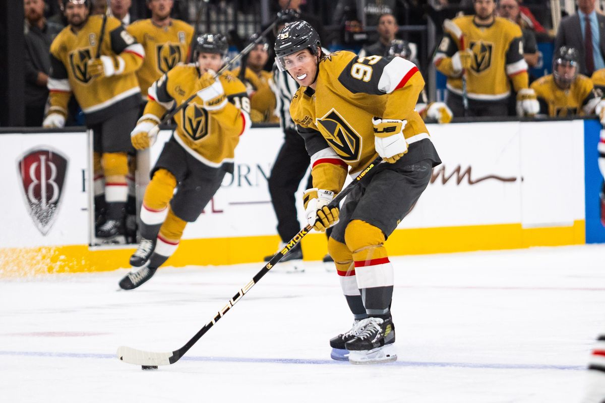 Vegas Golden Knights right-wing Mitch Marner (93) skates the puck into the offensive zone during a NHL game between the Vegas Golden Knights and the Chicago Blackhawks, Tuesday December 2, 2025 in Las Vegas, Nev.