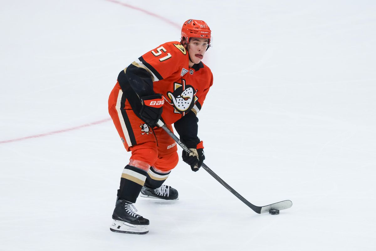 Anaheim Ducks defenseman Olen Zellweger (51) passes the puck during the NHL game against the Utah Mammoth, Wednesday December 3rd, 2025 at the Honda Center in Anaheim, Calif.