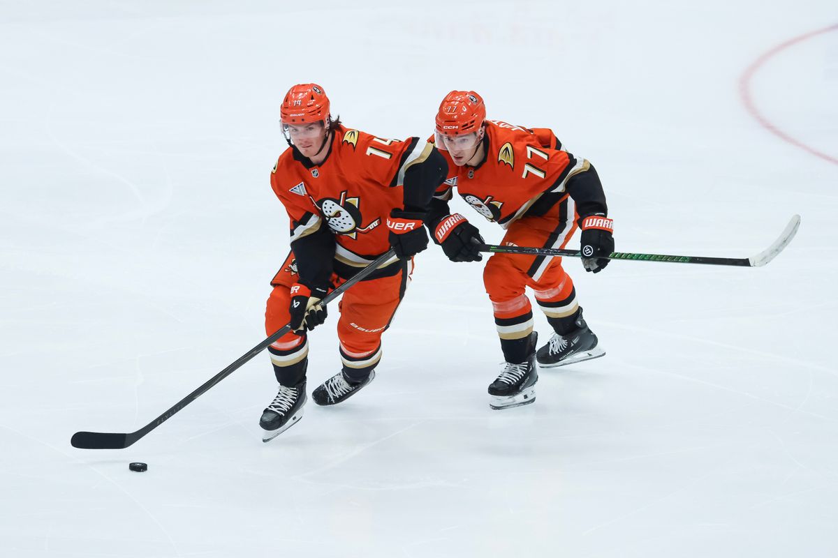 Anaheim Ducks defenseman Drew Helleson (14) skates with the puck during the NHL game against the Utah Mammoth, Wednesday December 3rd, 2025 at the Honda Center in Anaheim, Calif.