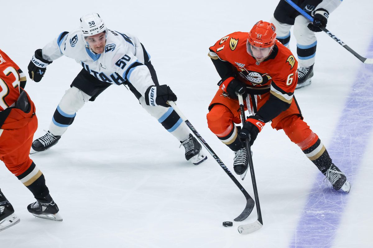Anaheim Ducks left wing Cutter Gauthier (61) competes for the puck during the NHL game against the Utah Mammoth, Wednesday December 3rd, 2025 at the Honda Center in Anaheim, Calif.