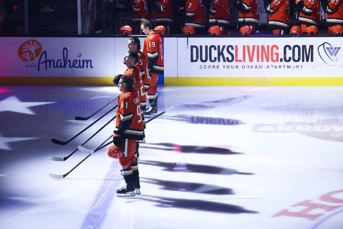 Anaheim Ducks stand for the national anthem before the NHL game against the Utah Mammoth, Wednesday December 3rd, 2025 at the Honda Center in Anaheim, Calif.
