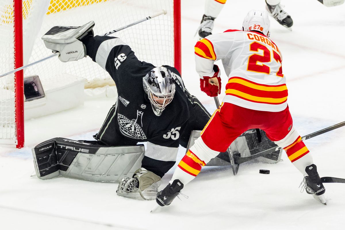 Goaltender Darcy Kuemper #35 of the Los Angeles Kings makes a save against right wing Matt Coronato #27 of the Calgary Flames during an NHL hockey game, Saturday December 13, 2025 in Los Angeles, Calif. Goaltender Darcy Kuemper #35 of the Los Angeles Kings makes a save against right wing Matt Coronato #27 of the Calgary Flames during an NHL hockey game, Saturday December 13, 2025 in Los Angeles, Calif.