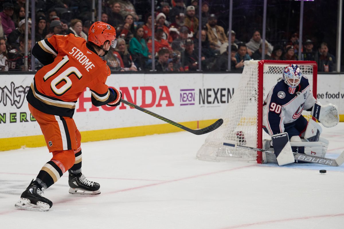 Ryan Strome #16 of the Anaheim Ducks shoots a goal attempt against the Blue Jackets at the Honda Center on December 20,2025 in Anaheim, California.