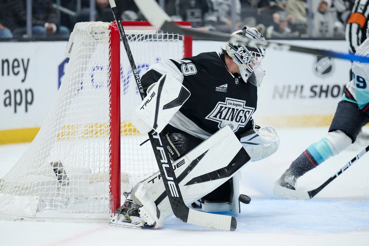 Los Angeles Kings goaltender Pheonix Copley (29) misses a goal against the Kraken at the crypto.com Arena on December 23,2025 in Los Angeles, California.