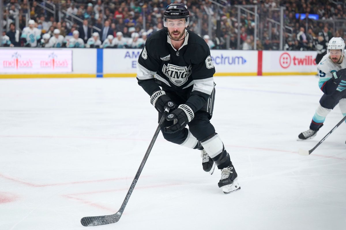 Los Angeles Kings defenseman Joel Edmundson (6) skates to defend against the Kraken at the crypto.com Arena on December 23,2025 in Los Angeles, California.