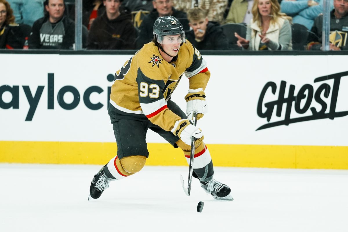 Vegas Golden Knights right wing Mitch Marner (93) takes the puck down the ice during shootout following NHL game against Colorado Avalanche on Saturday, Dec. 27, 2025 at T-Mobile Arena in Las Vegas.