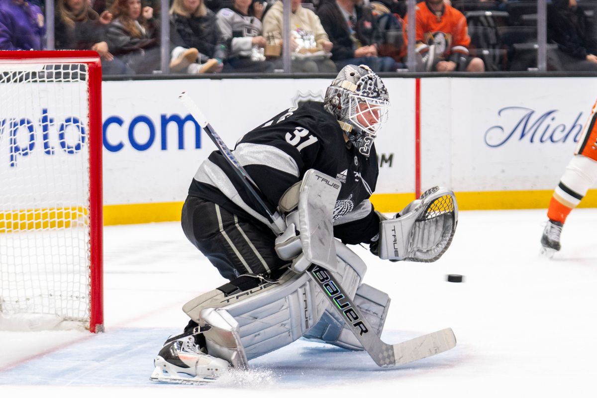 Los Angeles Kings goalie Anton Forsberg (31) with the save during an NHL game against the Anaheim Ducks, Saturday December 27th, 2025 in Los Angeles, California.