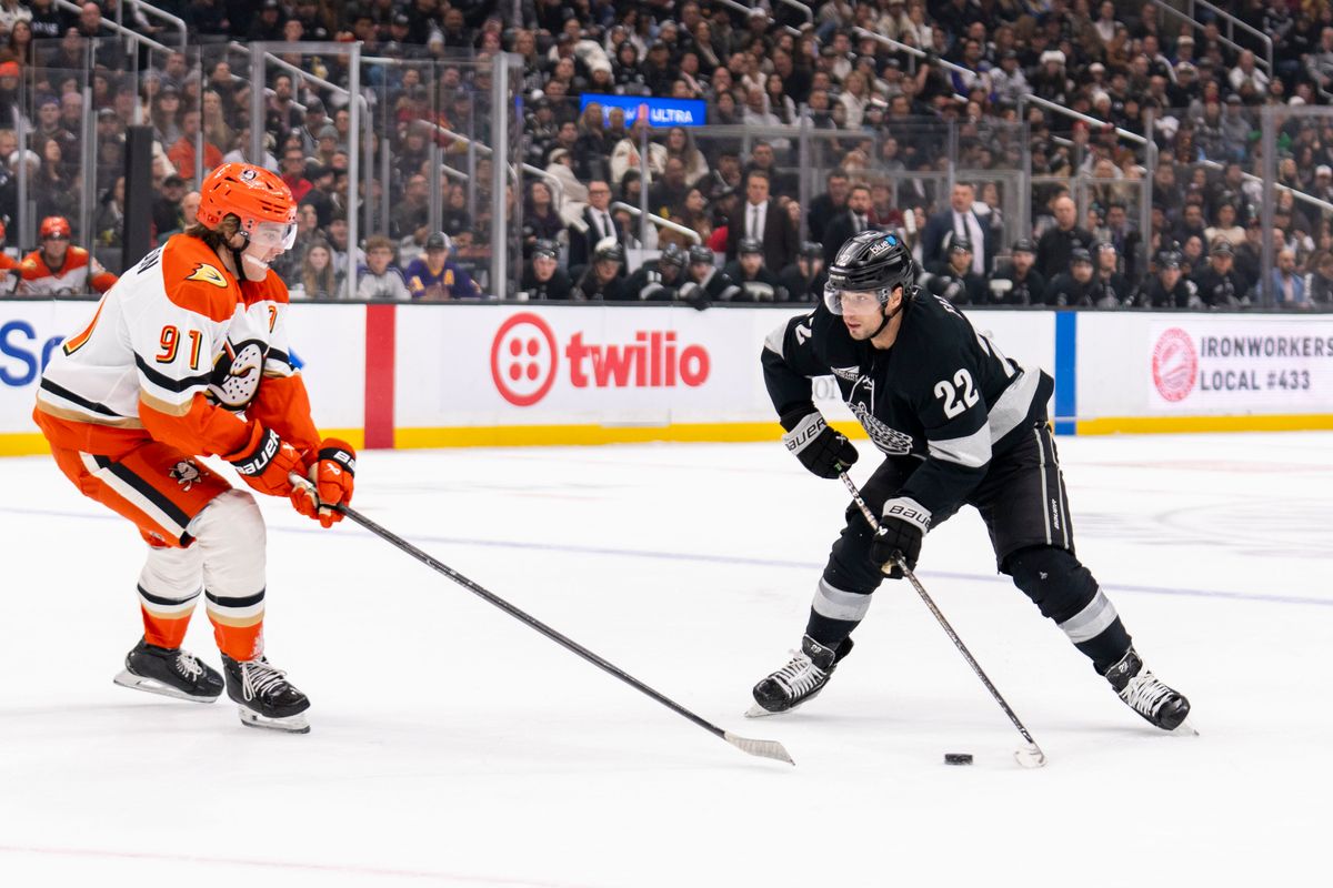 Los Angeles Kings LW Kevin Fiala (22) tries to get by the defender during an NHL game against the Anaheim Ducks, Saturday December 27th, 2025 in Los Angeles, California.