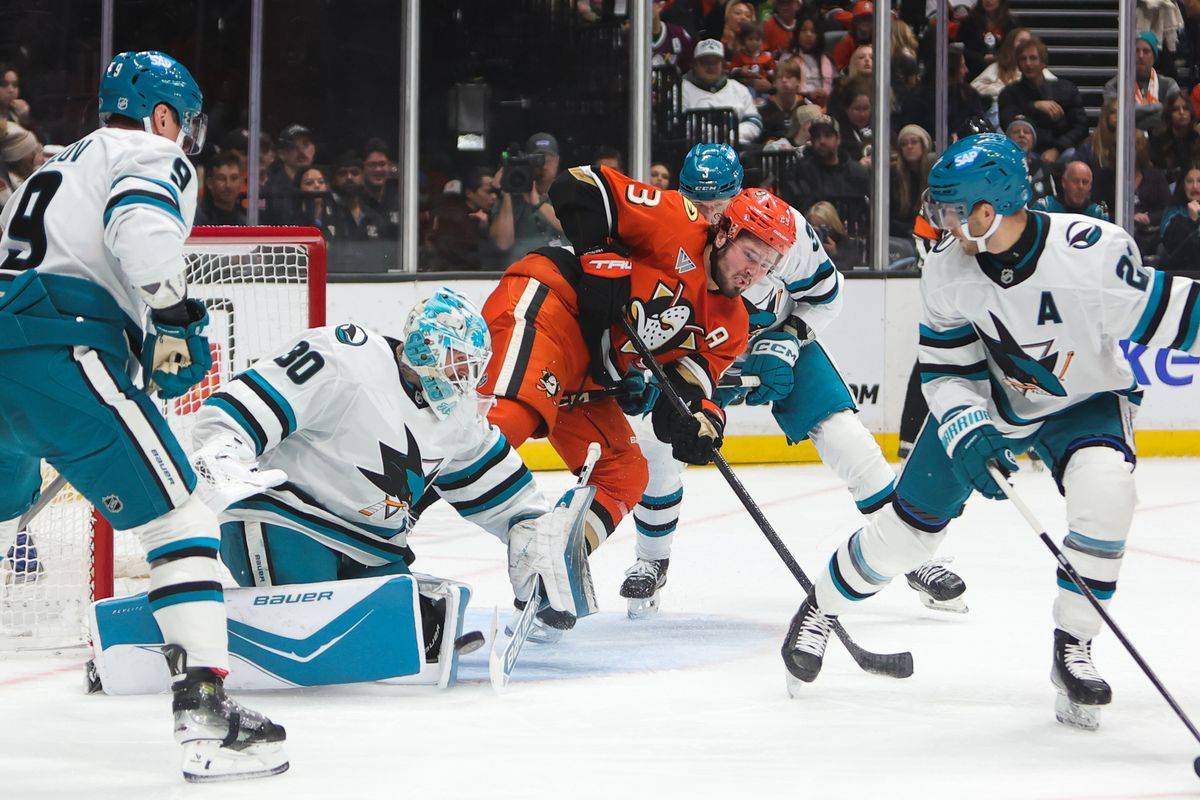 #30 G Yaroslav Askarov of the San Jose Sharks attempts to make a save during an NHL game against the Anaheim Ducks on December 29, 2025 in Anaheim, CA. #30 G Yaroslav Askarov of the San Jose Sharks attempts to make a save during an NHL game against the Anaheim Ducks on December 29, 2025 in Anaheim, CA.