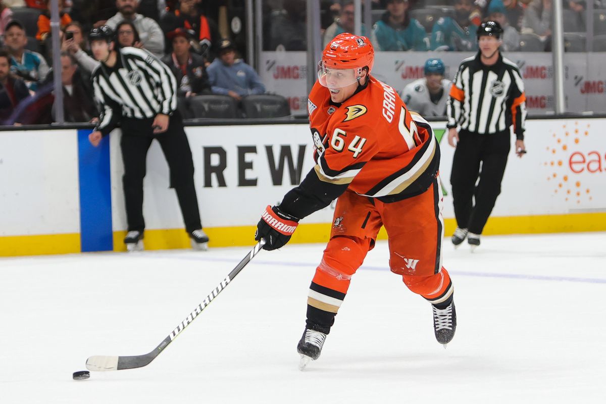 #64 C Mikael Grandlund of the Anaheim Ducks takes a shot on goal during an NHL game against the San Jose Sharks on December 29, 2025 in Anaheim, California. #64 C Mikael Grandlund of the Anaheim Ducks takes a shot on goal during an NHL game against the San Jose Sharks on December 29, 2025 in Anaheim, California.