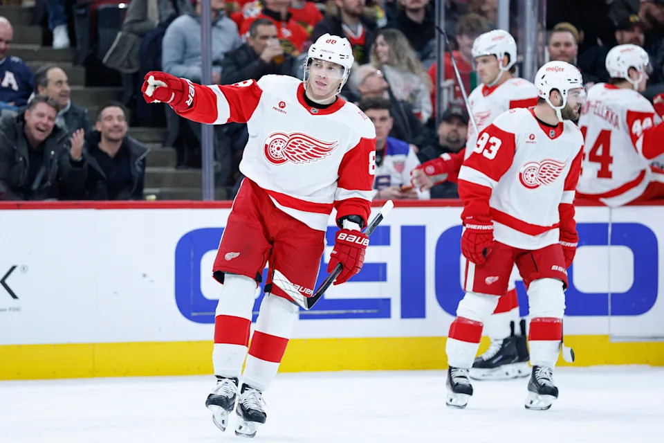 Detroit Red Wings right wing Patrick Kane celebrates after scoring against the Chicago Blackhawks during the first period at United Center, Dec. 13, 2025 in Chicago.