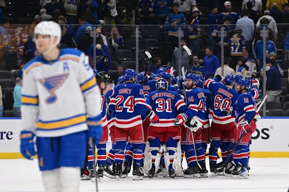 Igor Shesterkin of the New York Rangers is congratulated after defeating the St. Louis Blues in overtime on Dec. 18, 2025 at the Enterprise Center in St. Louis, Missouri. NHLI via Getty Images