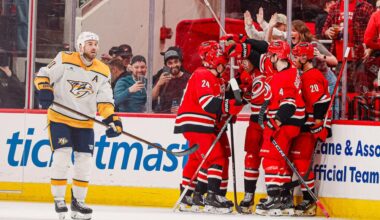 Left wing Taylor Hall celebrates with his teammates after scoring a goal against the Nashville Predators at the Lenovo Center on Tuesday, March 25, 2025. Hall scored his goal during the power-play time period. The Hurricanes lost 3-1.