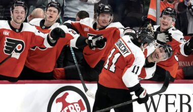 The Flyers celebrate a late third period goal by Travis Konecny that was disallowed after an official review during  the Edmonton Oilers at Philadelphia Flyers NHL game at Xfinity Mobile Arena in Philadelphia on Wednesday, Nov. 12, 2025.